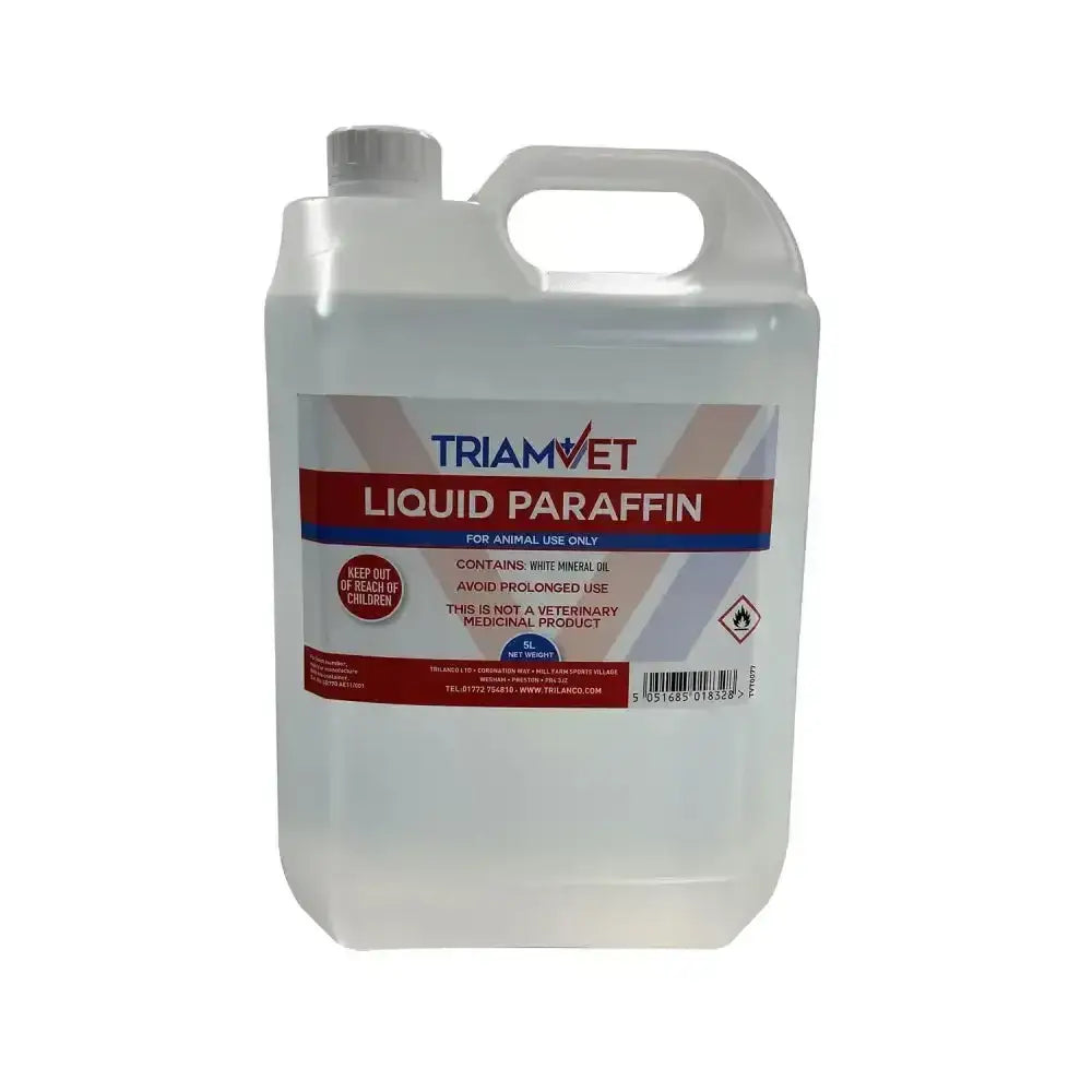 A translucent white plastic jug of triamvet liquid paraffin with a gray cap and handle for animal use only