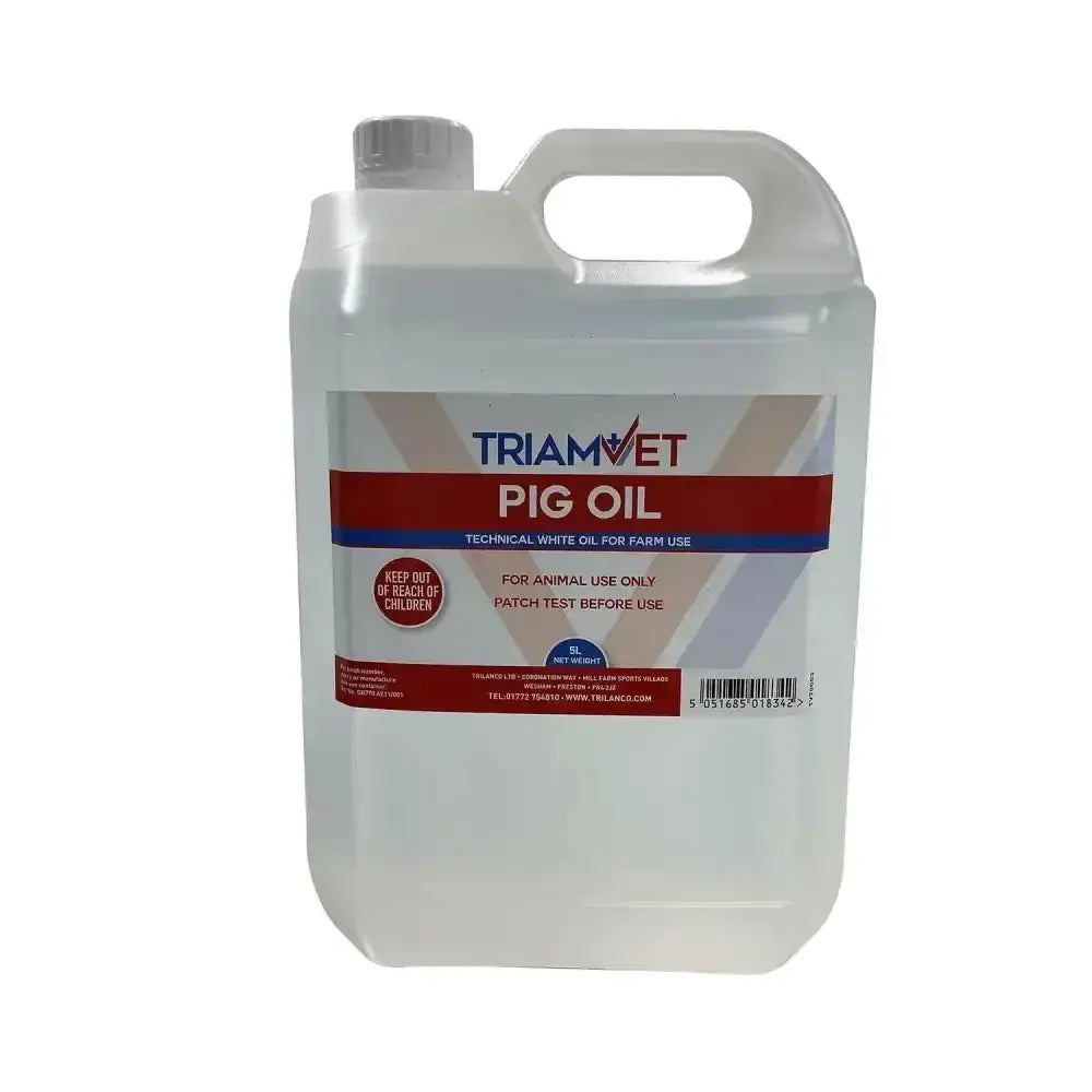 A translucent white plastic jug with handle and gray cap labeled triamvet pig oil for farm use with technical white oil