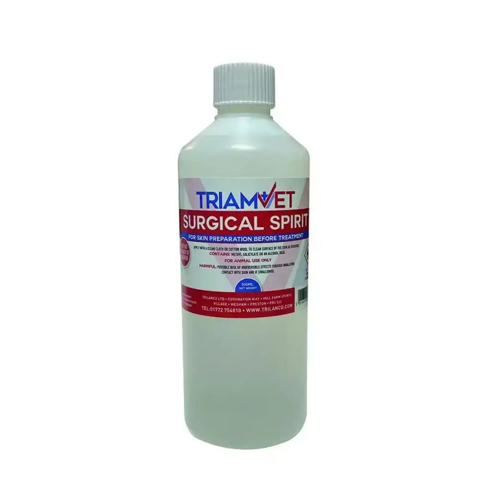 A clear plastic bottle with a white cap labeled triamvet surgical spirit in bold red and blue text