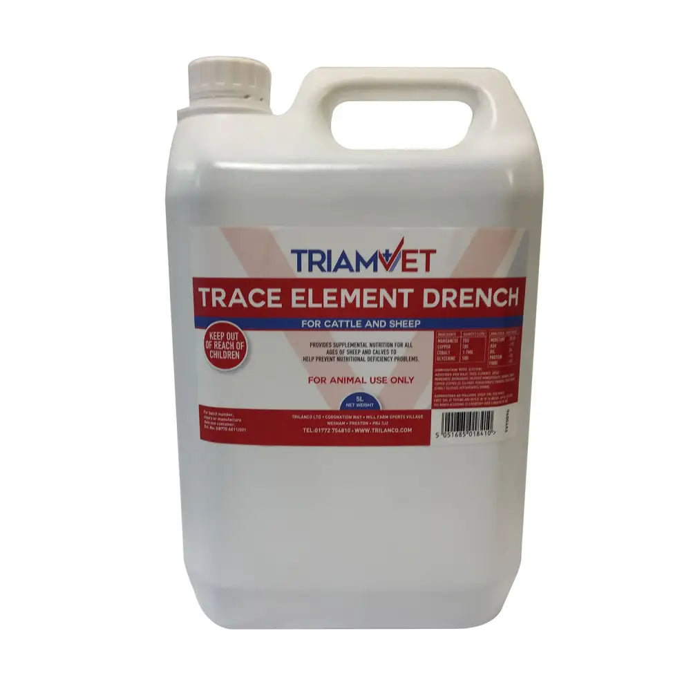 White plastic jug with handle and cap labeled triamvet trace element drench to prevent nutritional deficiency in cattle and sheep
