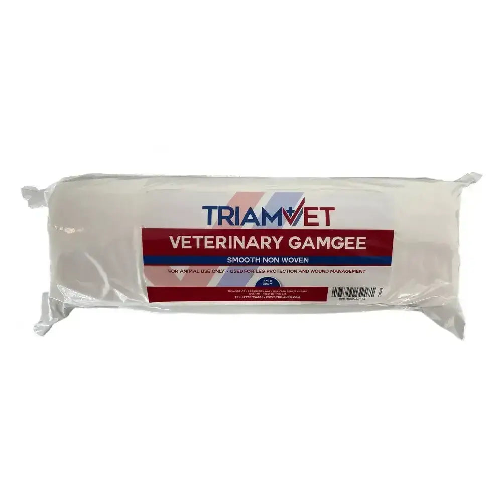 A white smooth non-woven triamvet veterinary gamgee roll in clear plastic packaging for wound management