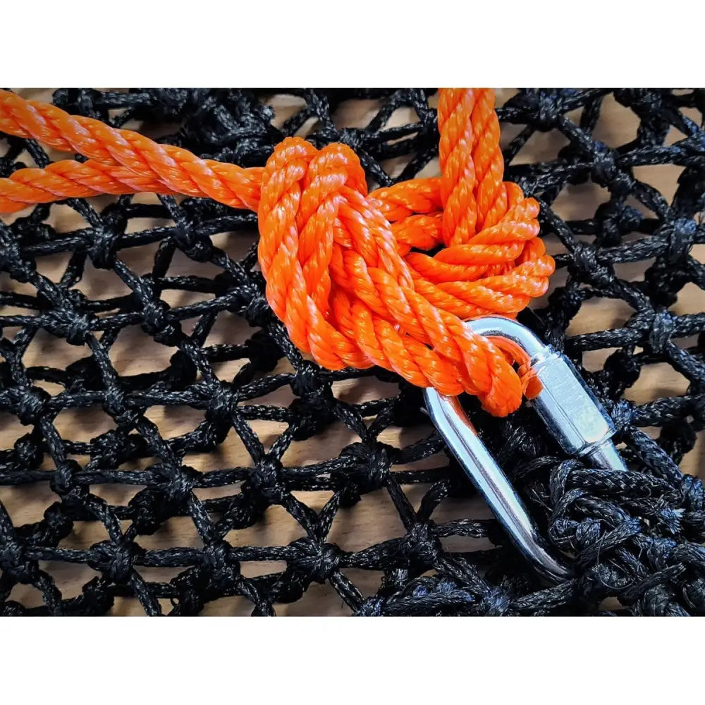 Bright orange braided trickle net safe rope tied knot secured with silver net safe screw gate rope carabiner