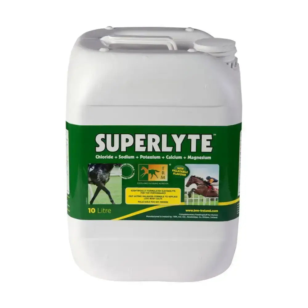 White plastic 10 litre container of trm 2 2 1 superlyte syrup featuring green label detailing horse vitamins that rapidly replaces body salts