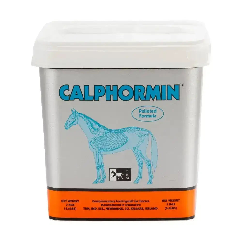 Silver rectangular container with white lid and orange band labeled trm calphormin pelleted formulation for optimum skeletal development