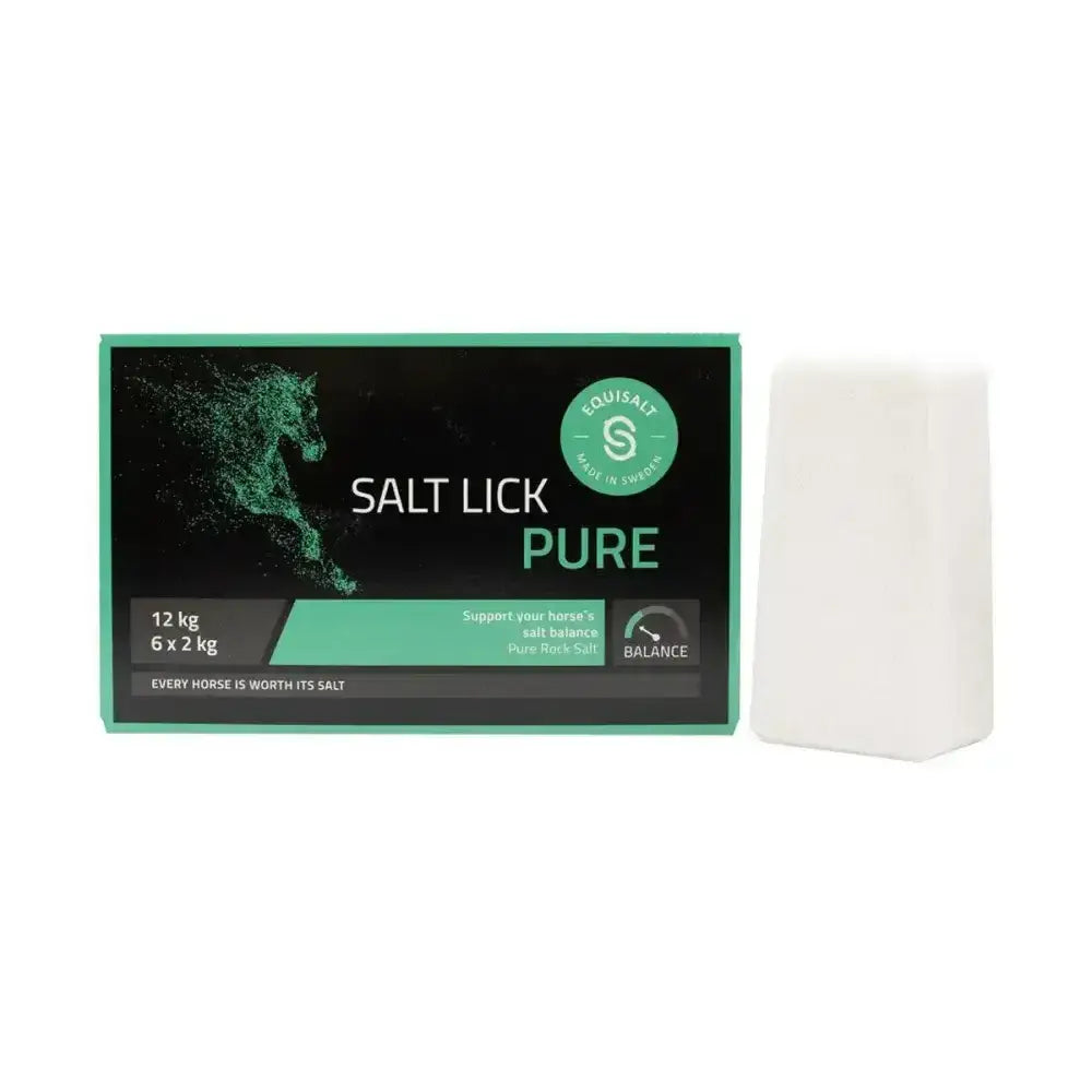 White rectangular equisalt salt brick lick block next to green and black TRM equisalt pure salt packaging box