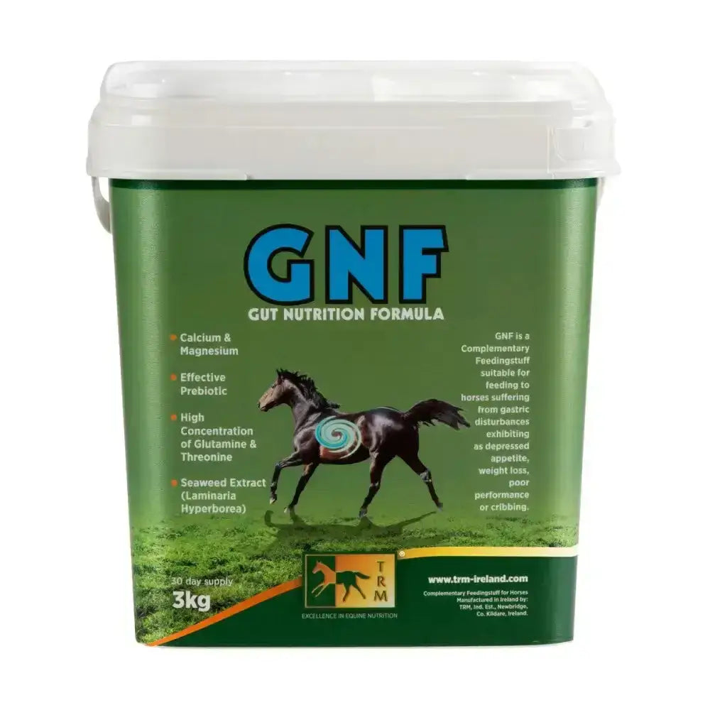 Green plastic bucket with white lid labeled trm gnf gut nutrition formula for horse digestive health by trm ireland
