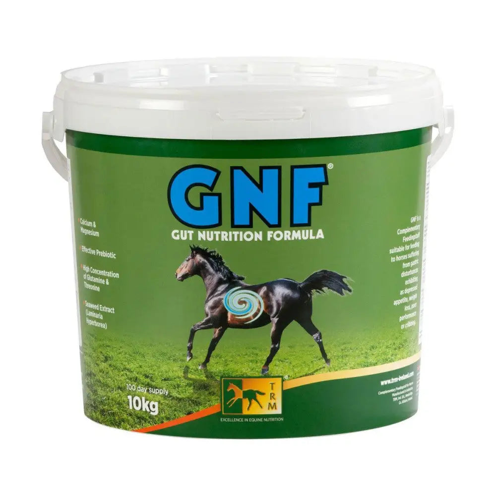 Green and white plastic bucket of trm gnf gut nutrition formula for horse digestive health with black horse label illustration