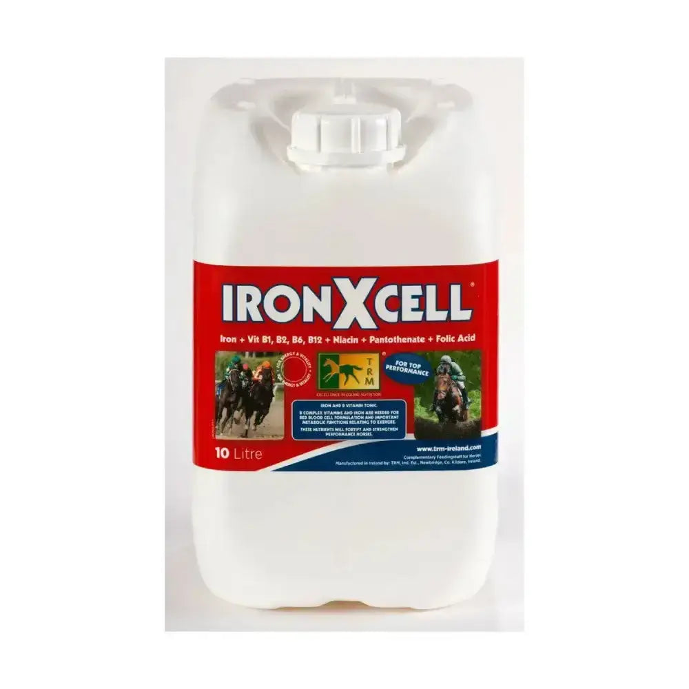 White plastic 10 litre jug of trm ironxcell horse supplements with red and blue label iron enriched multi vitamin feed