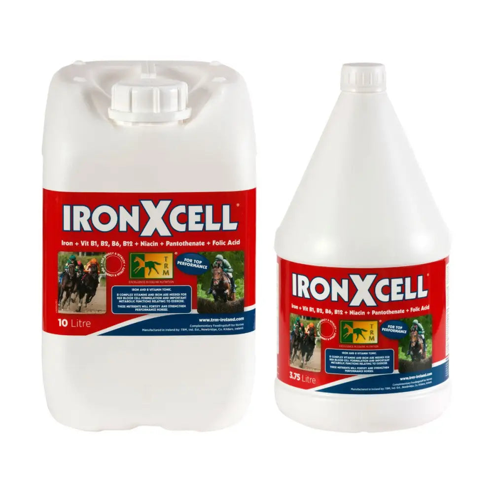 White plastic jugs of trm ironxcell horse supplements with red labels showing racing horses iron-enriched multi-vitamin feed