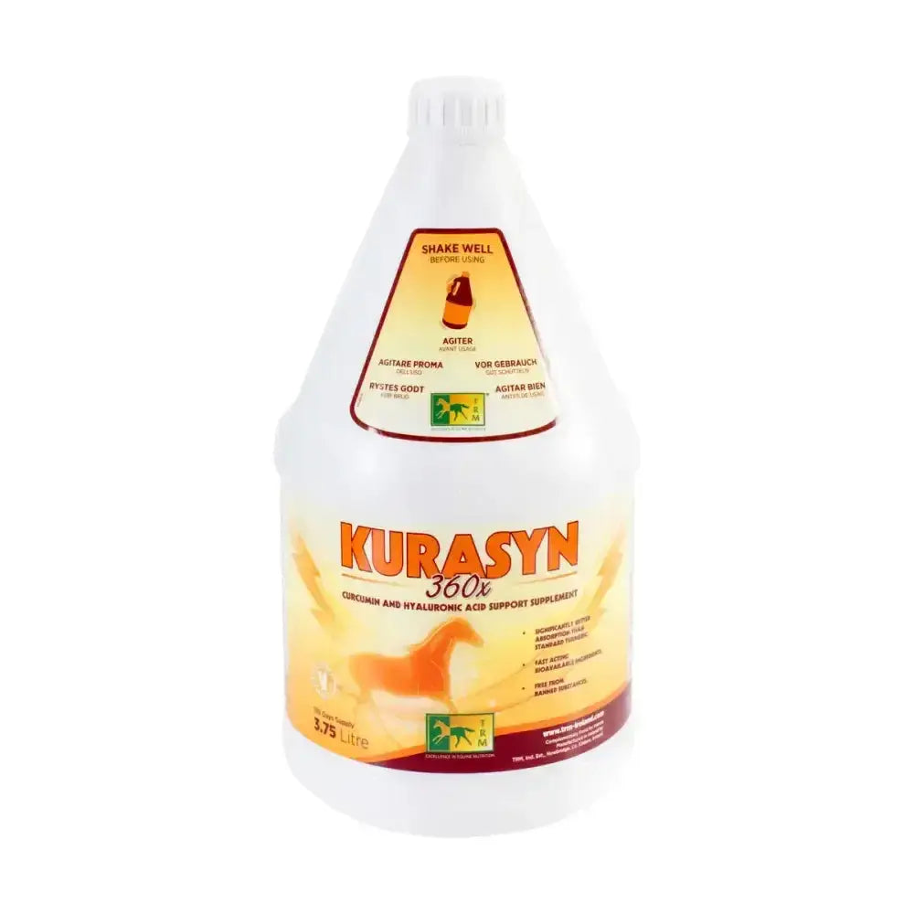 White plastic bottle of trm kurasyn 360x supplement featuring highly bioavailable curcumin for horses