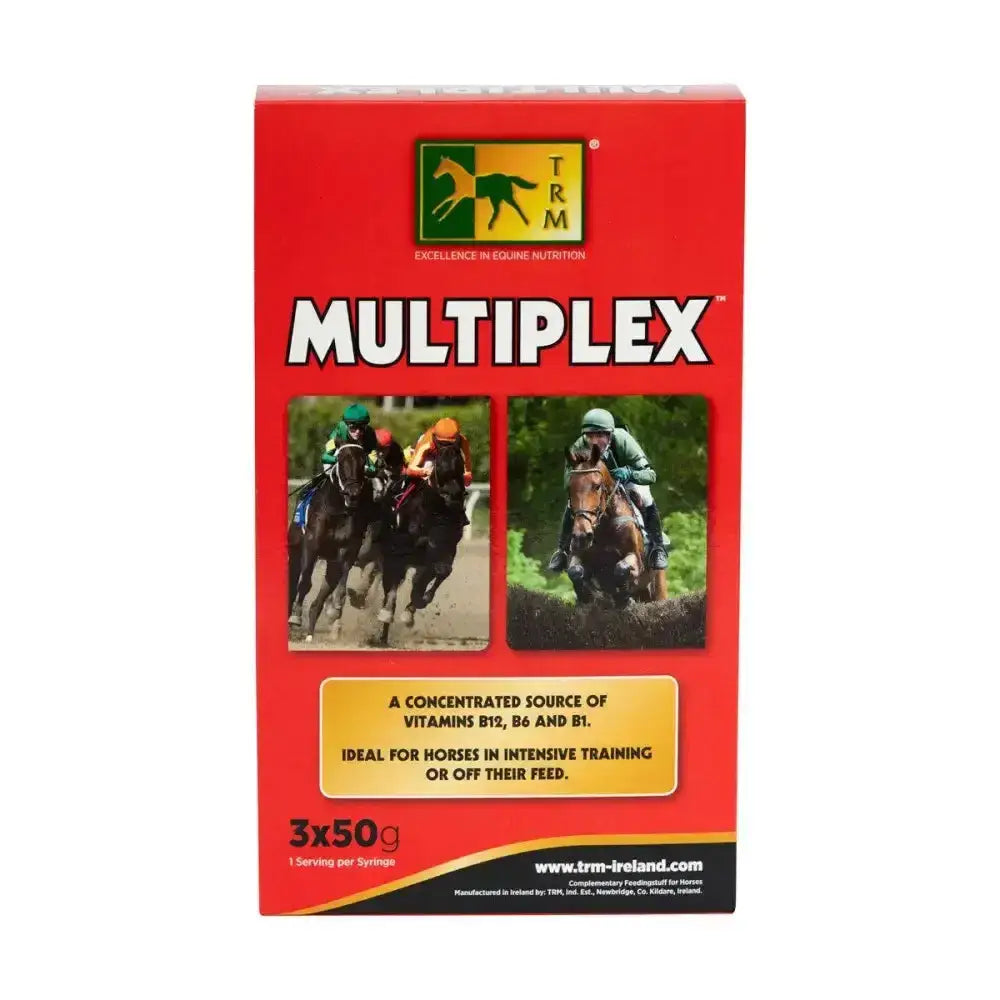 Red rectangular box of trm multiplex syringe with vitamins b12 b6 b1 for horses in intensive training or long competition season