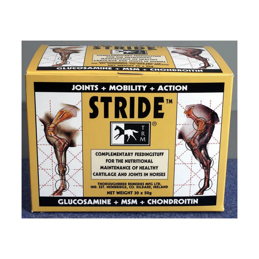 Yellow cardboard box of trm stride horse supplements featuring black and white anatomical illustrations for joint health