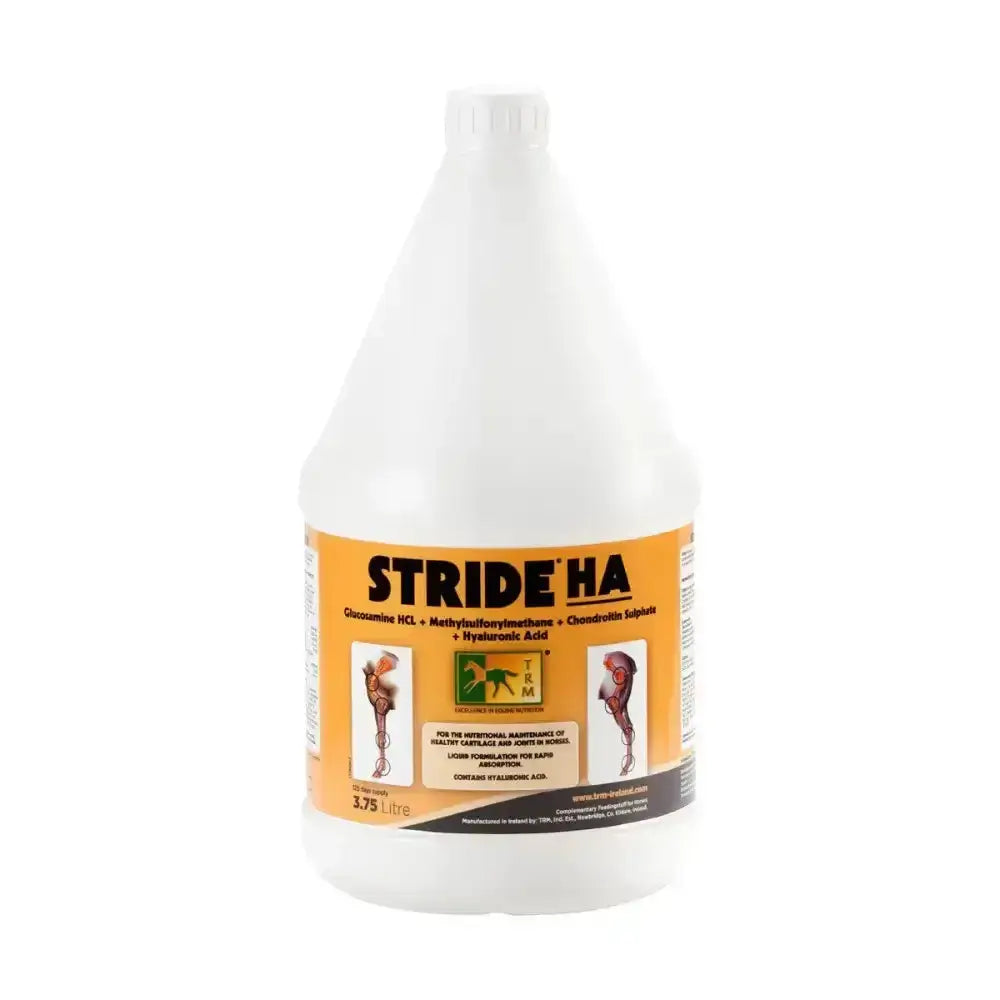 White plastic jug with an orange label of trm stride ha solution fast acting liquid formulation for horse joints care