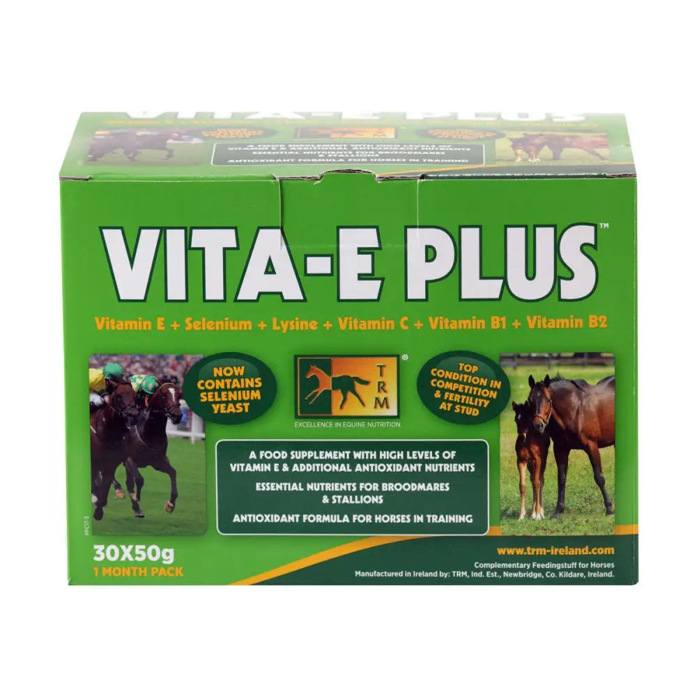 Green cardboard box of trm vita-e-plus horse supplement that uniquely combines antioxidants vitamin e and selenium yeast