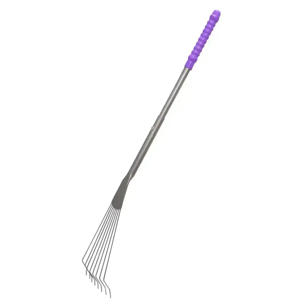 Purple and silver tubtrug big tidee metal rake with comfort grip handle for easy gardening use