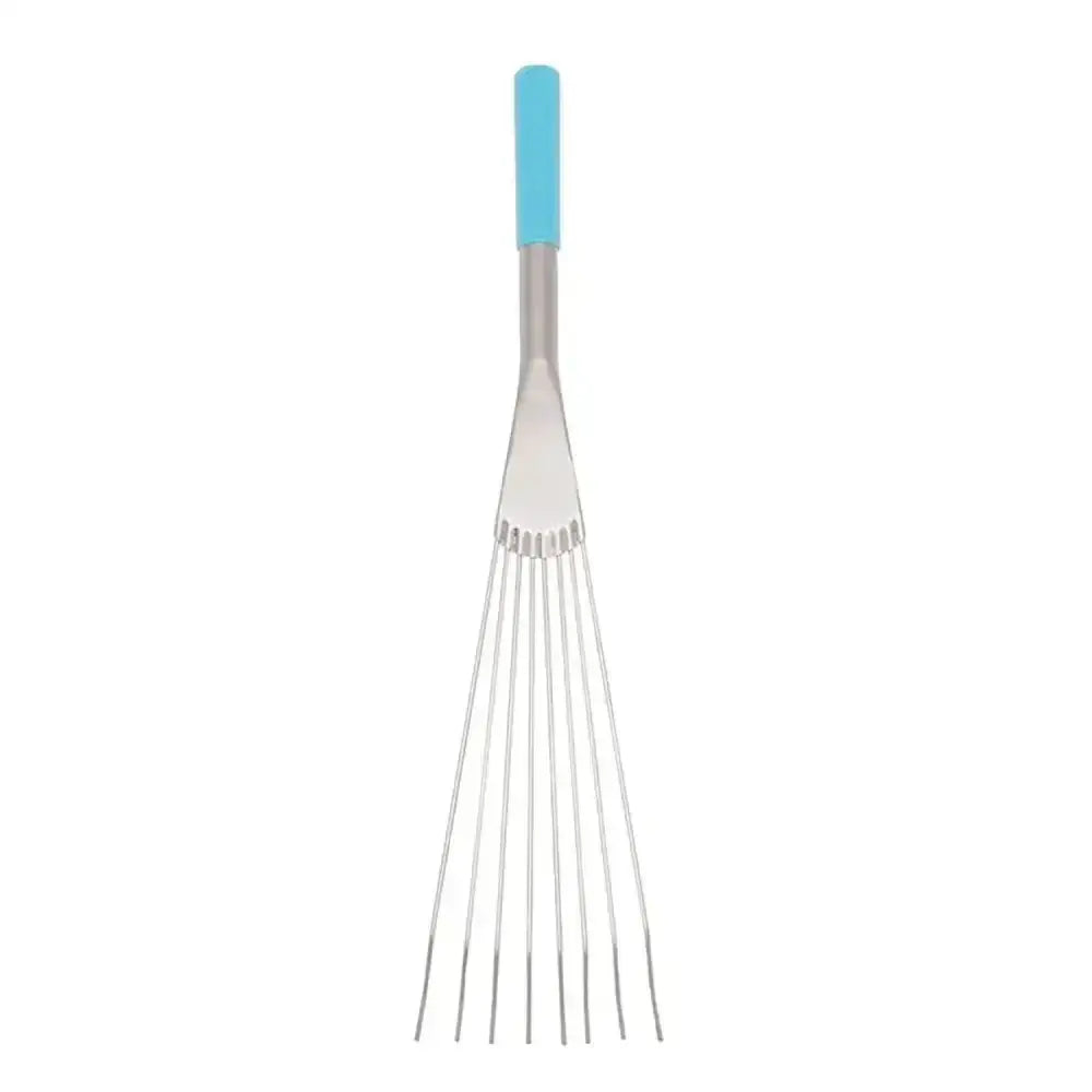 Tubtrug big tidee short metal rake with sleek light blue comfort grip handle and polished silver evenly spaced tines