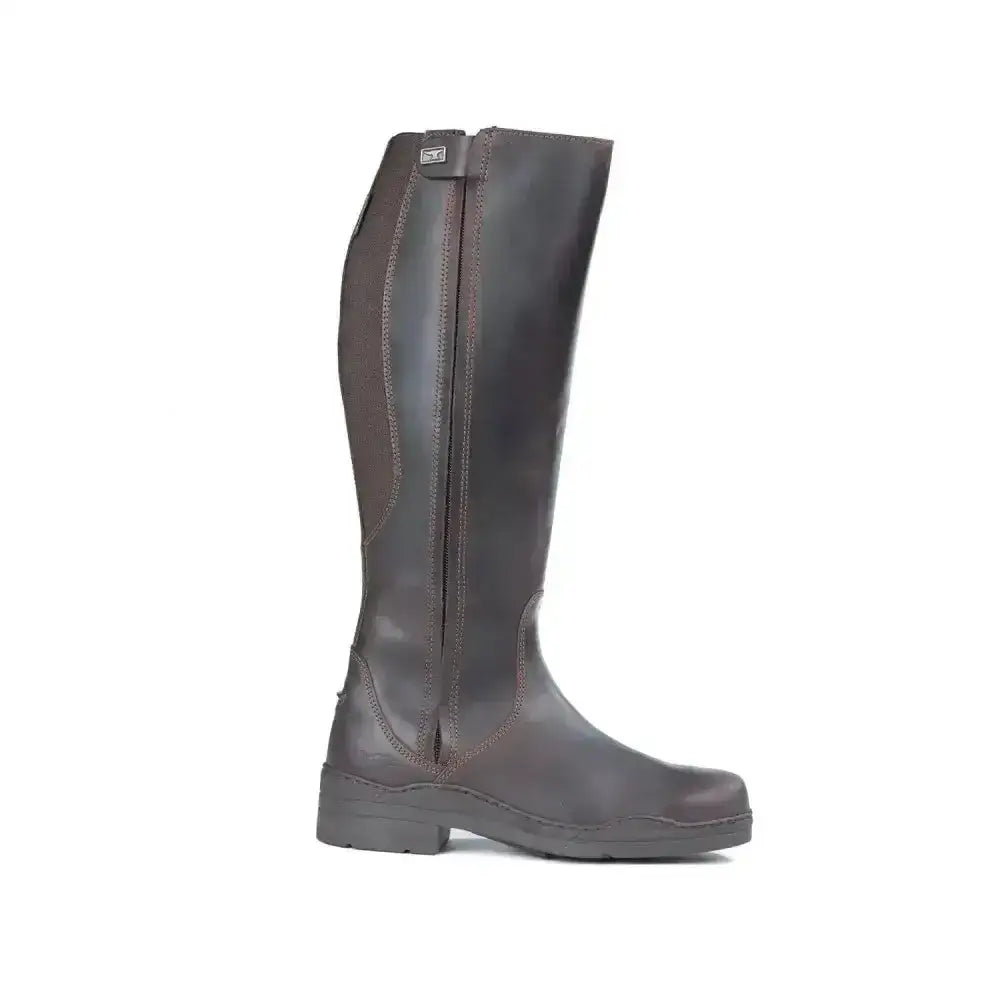 Dark brown tuffa broadland leather riding boots with nubuck leather upper, side zipper, and sturdy rubber sole