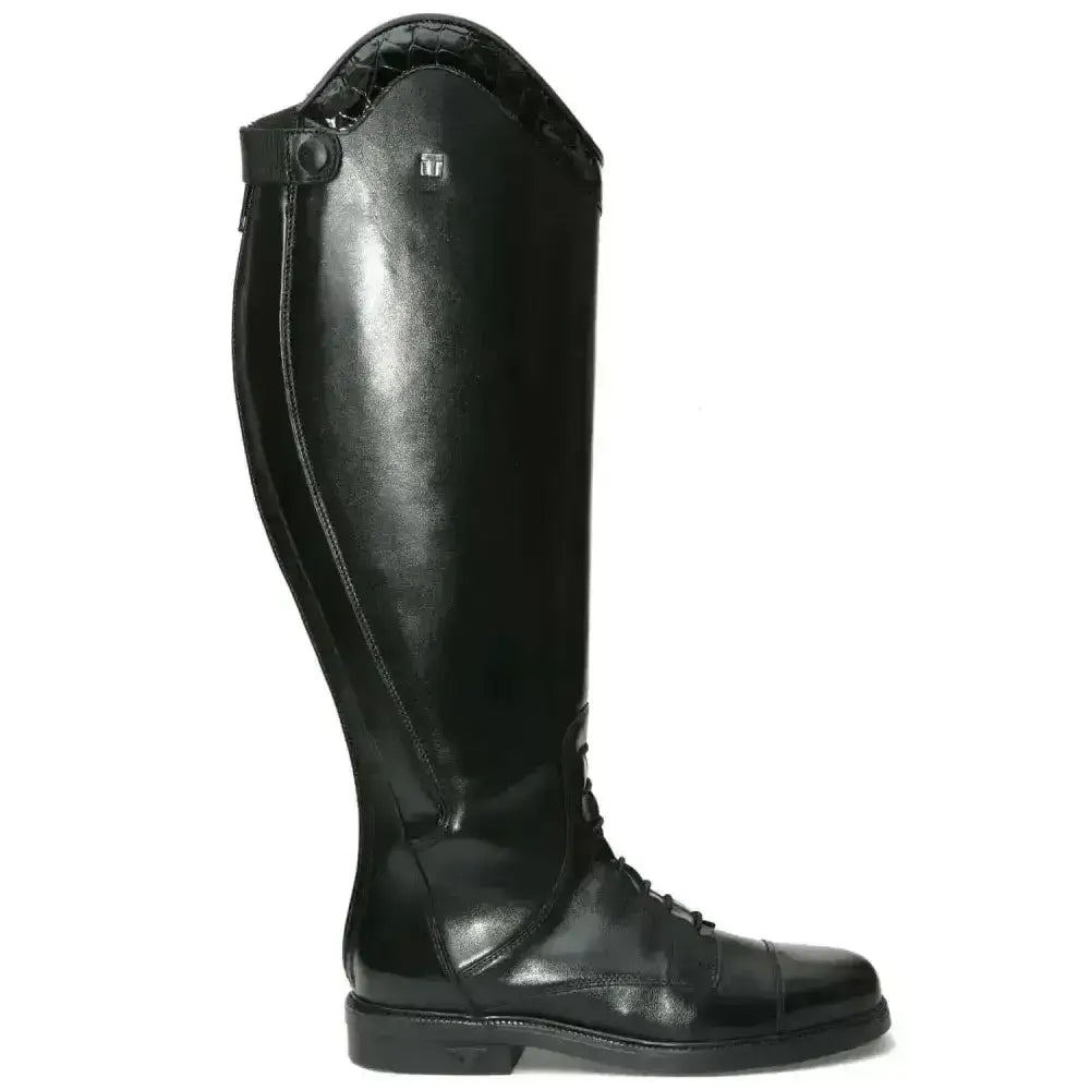 Black leather tuffa contour plus-size dressage boots with glossy finish and subtle logo for riding use