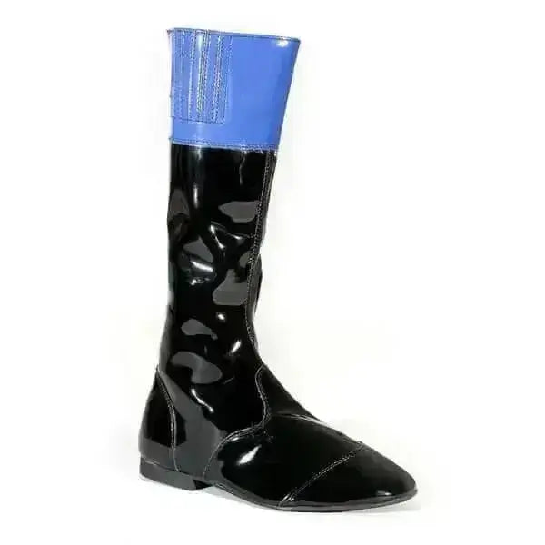 Black patent leather tuffa malton jockey boots with vibrant blue cuff and subtle vertical stitching details