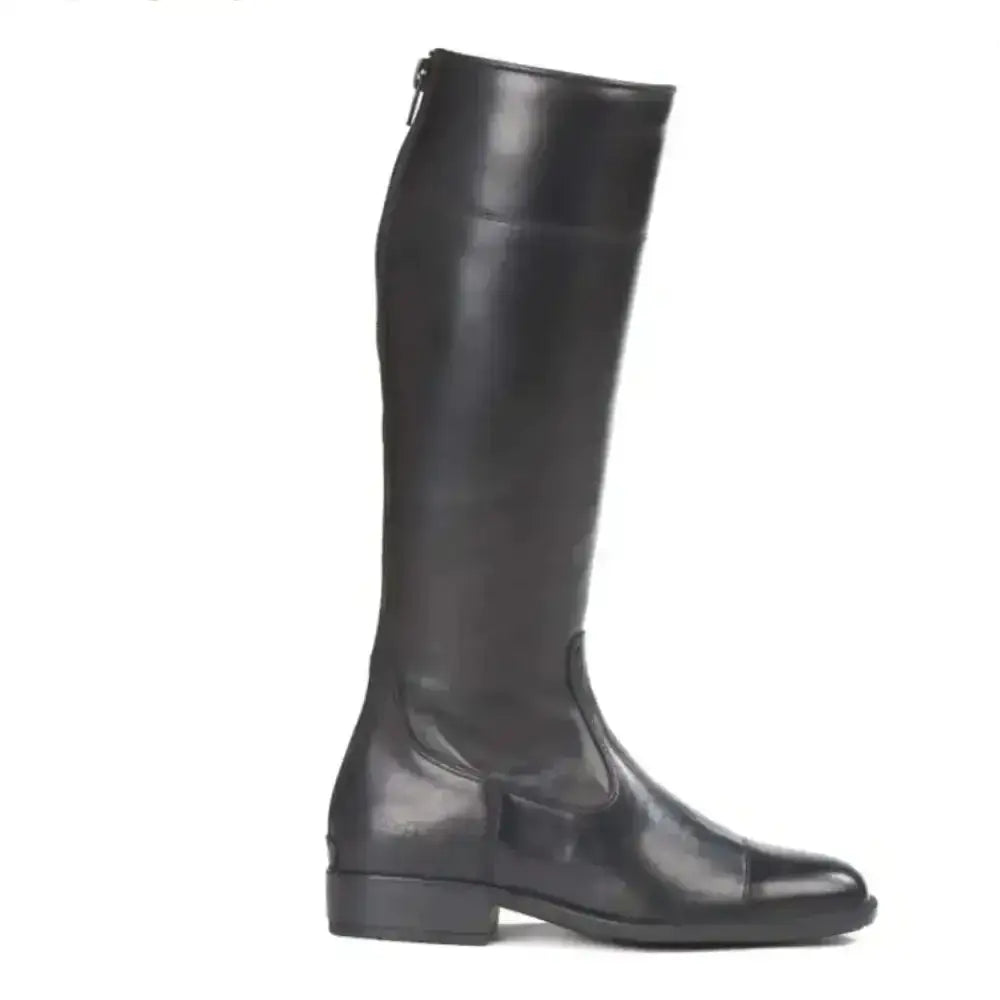 Black leather knee-high tuffa sandown racing boots with glossy finish and low block heel perfect for racing exercise boot use
