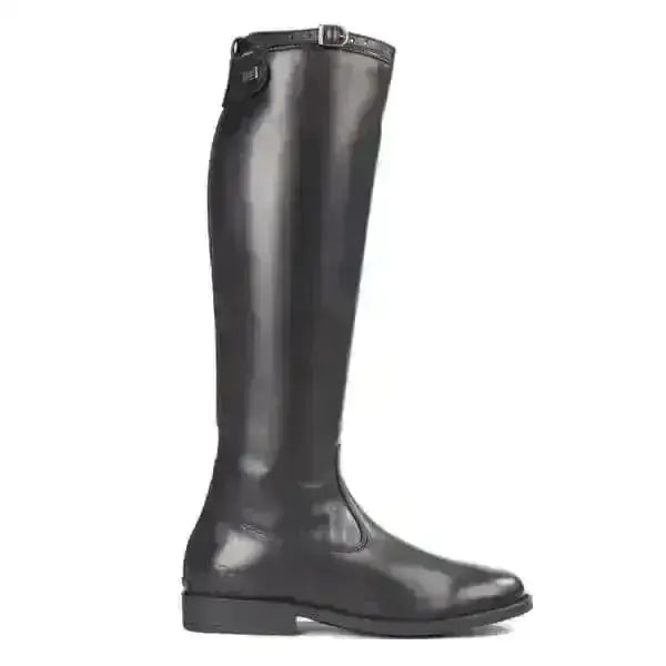 Tuffa showtime black leather competition long riding boots with sleek glossy finish and sturdy heel for riding