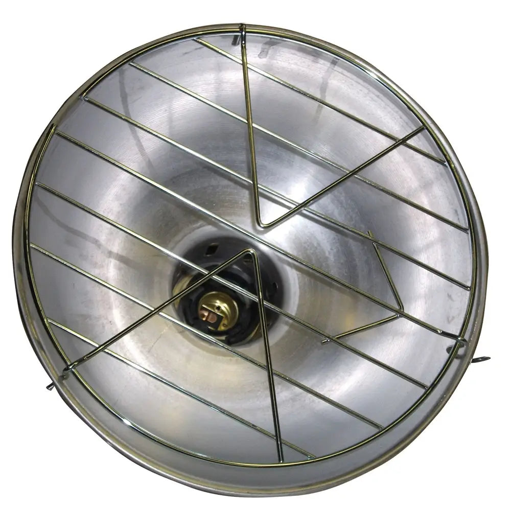Circular metal turnock heat lamp with reflective silver finish wire mesh grille and ta214 lampholder standard fitting long-life