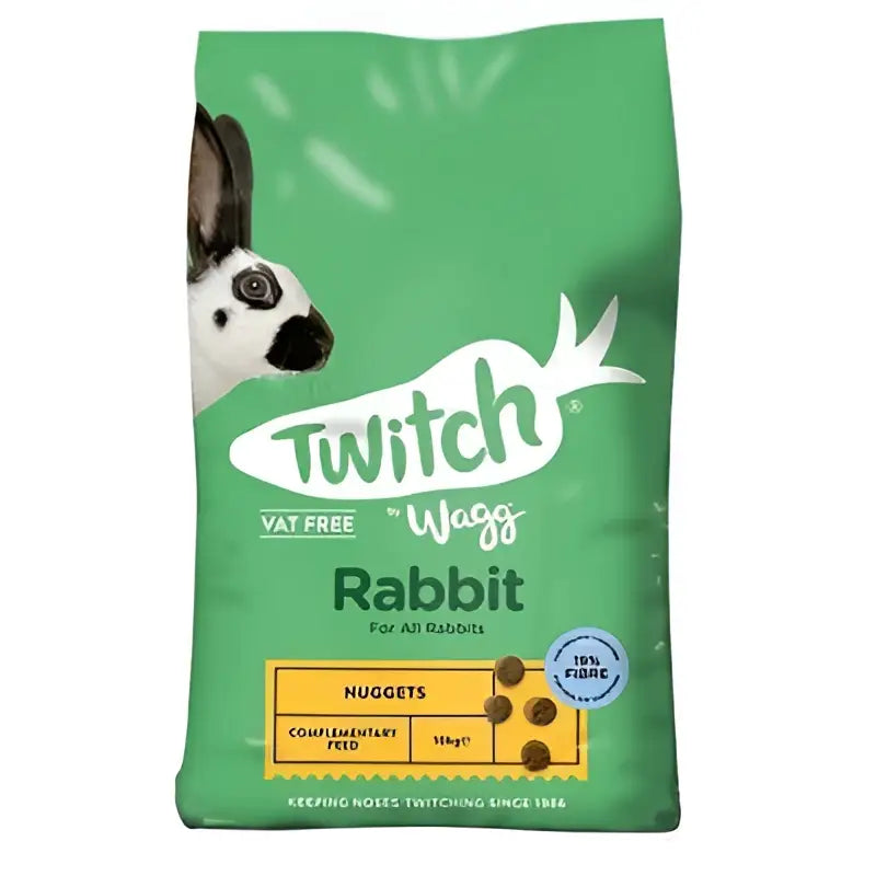 Green bag of wagg rabbit twitch rabbit nuggets complementary feed for equestrian pets 10 kg product front view