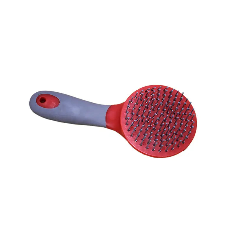 Two tone round mane and tail brush with red and gray plastic handle and dense metal bristles for pet grooming