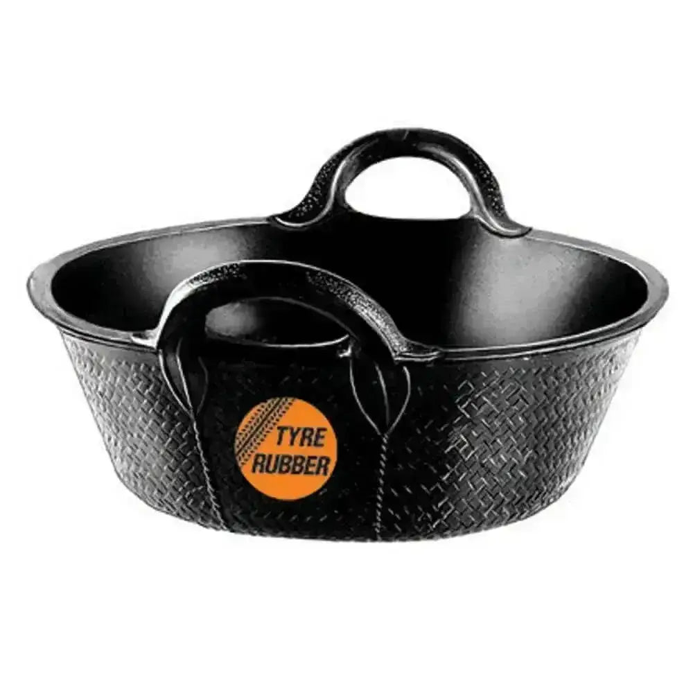Black woven rubber small skip with two handles and orange tyre rubber logo ideal for feeding horses