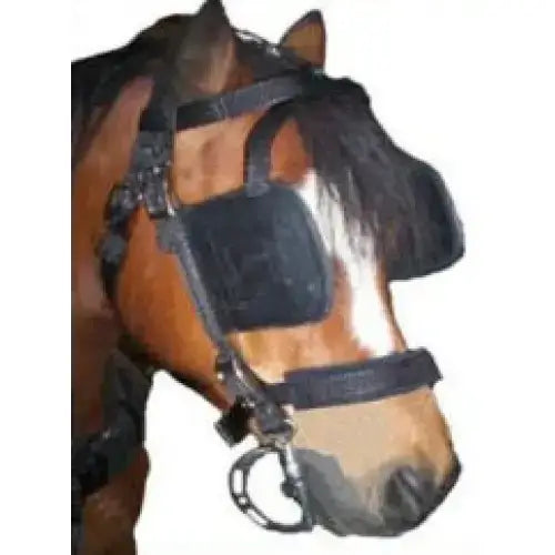 Black leather ultimate driving bridle blindfold with adjustable metal hardware and soft weave webbing straps