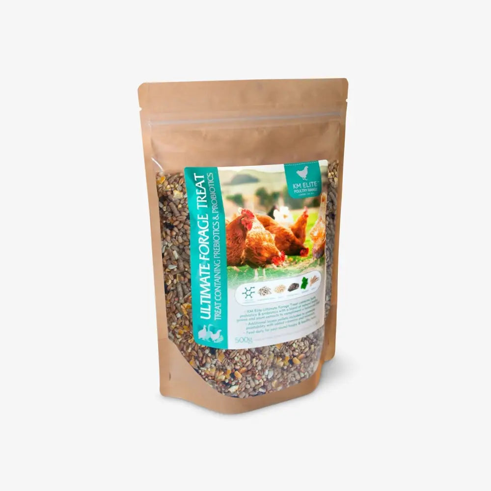 Brown resealable pouch of ultimate forage poultry treat mix by k&k elite pet products for healthy feeding