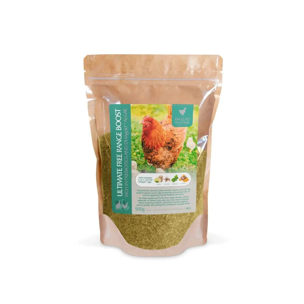 A 500g resealable pouch of em life ultimate free range boost chicken feed with a brown and green label featuring a red-brown hen