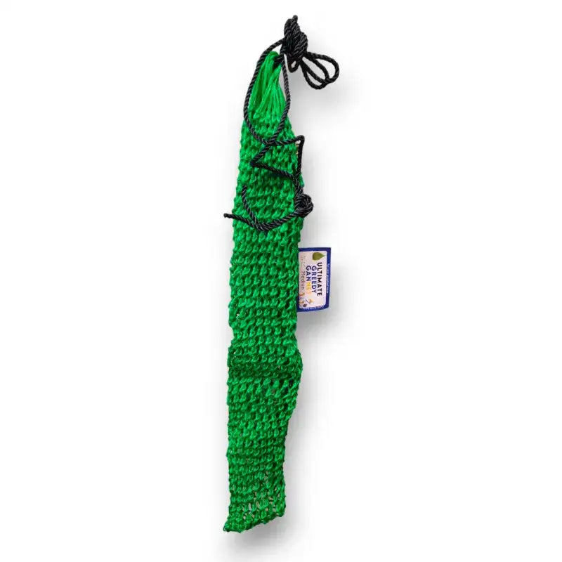 Green knitted garden tool bag with black drawstring closure, perfect for ultimate greedy gannet haynet small mesh haylage net use