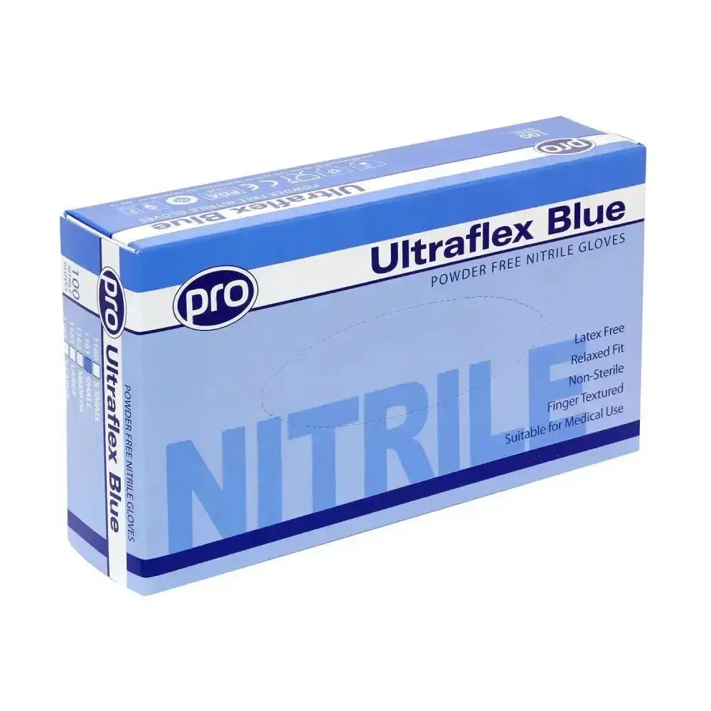 Blue cardboard box of ultraflex nitrile powder free gloves made from durable nitrile powder free material