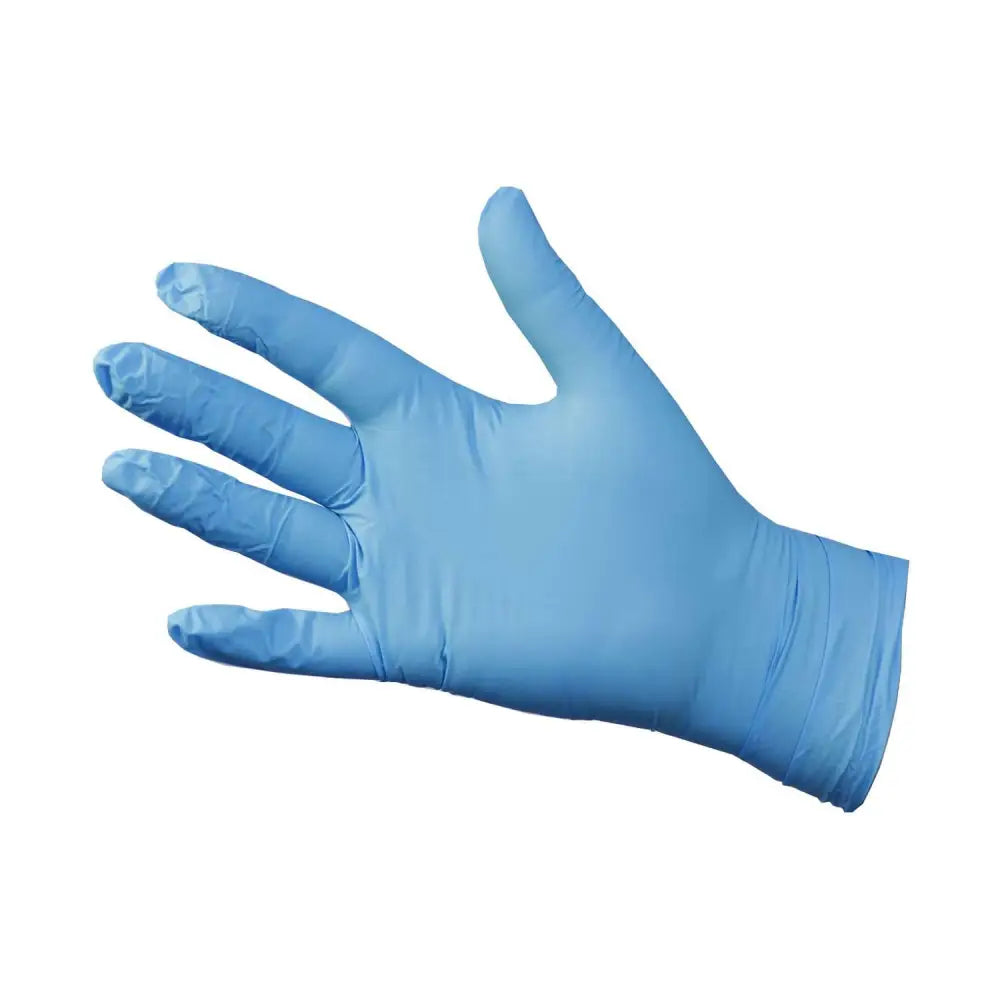 Light blue ultraflex nitrile powder free gloves with smooth glossy finish and snug fit made from nitrile material