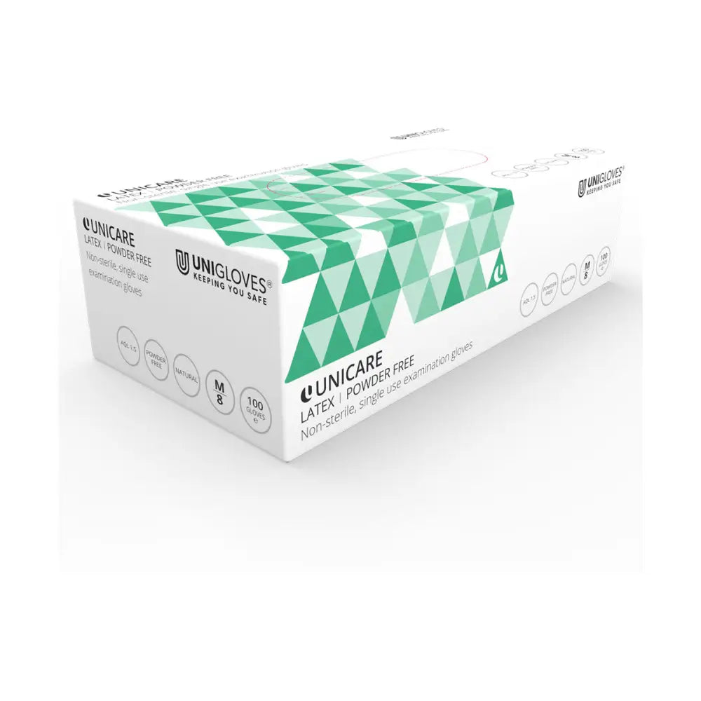 White cardboard box with green pattern labeled unicare clear latex powder free gloves pack of 100 by unigloves
