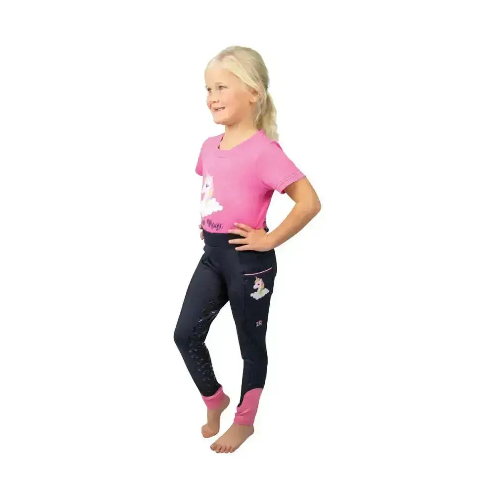 Pink and black unicorn magic riding leggings with pink cuffs by little rider stay magical and comfy