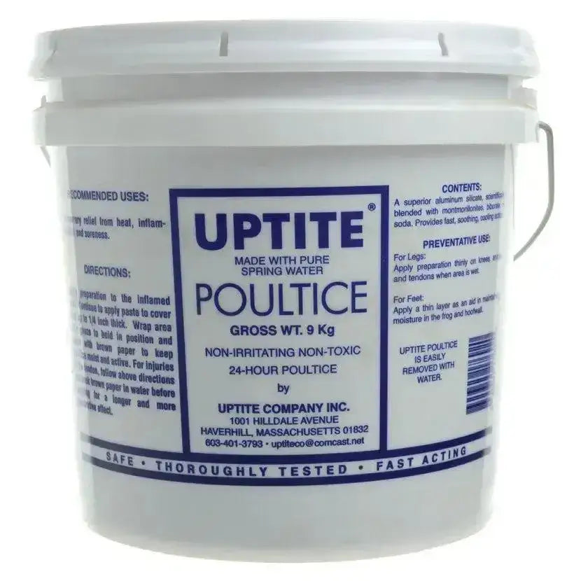 White plastic bucket of uptite poultice with cooling action made for animal husbandry use non-toxic poultice