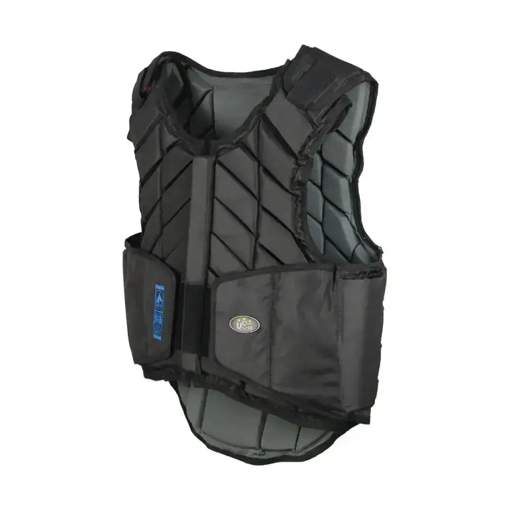 Black usg eco-flexi panel body protector vest with padded quilted sections and front pocket meets en 13158-2009