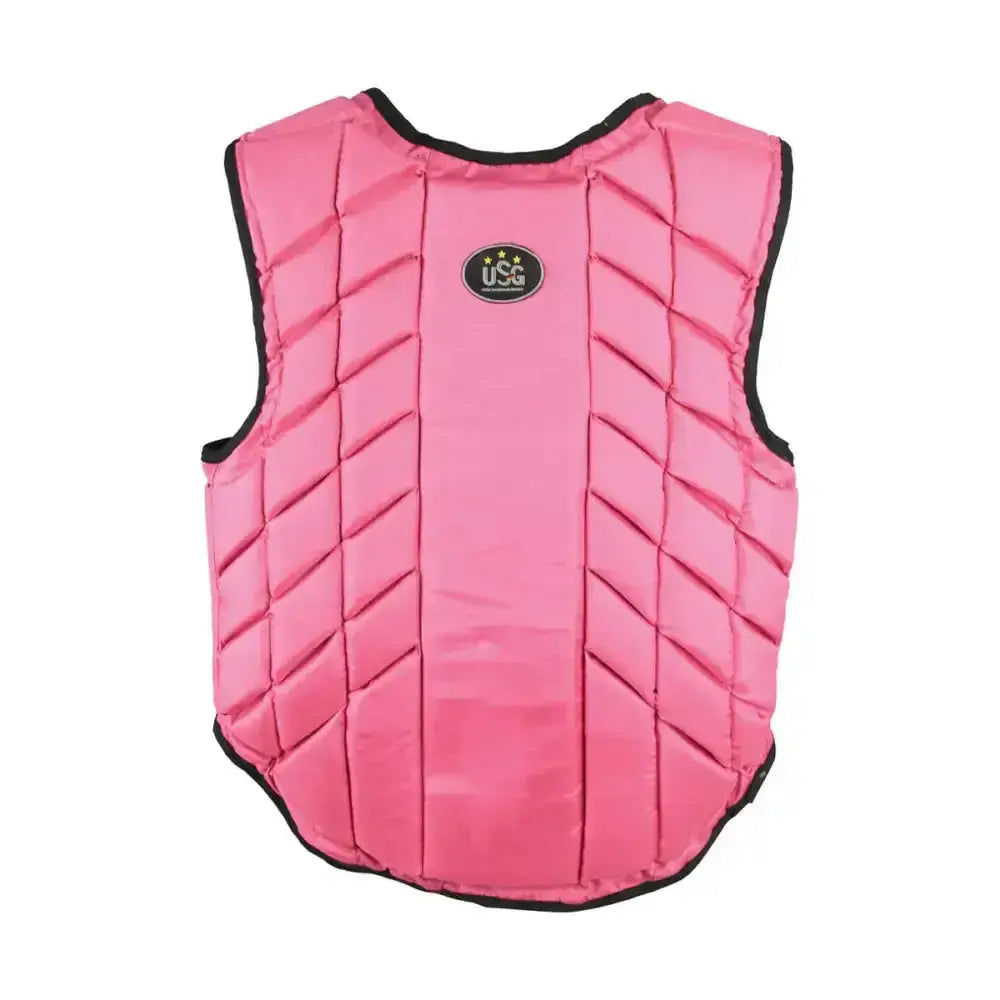 Pink quilted usg eco-flexi panel body protector with black trim and logo patch for childs upper body protection