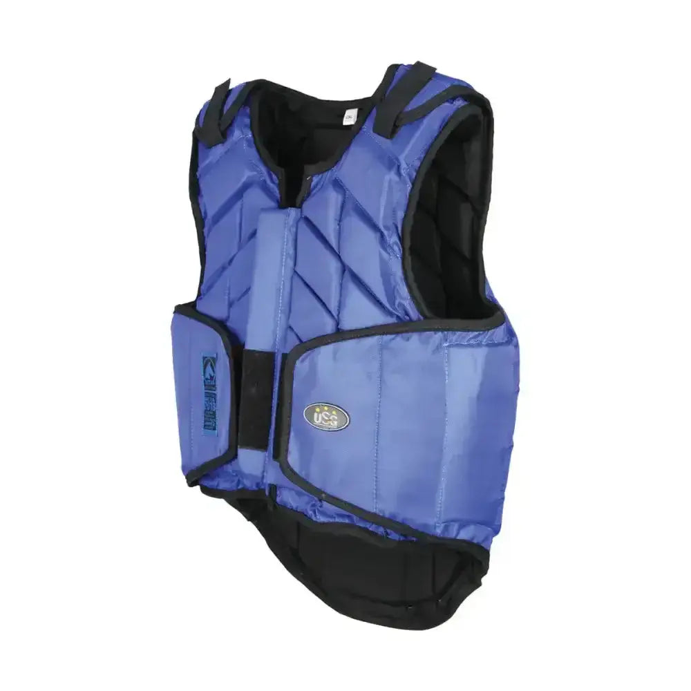 Blue padded usg eco-flexi panel body protector with black trim and adjustable straps meets en 13158-2009 standards