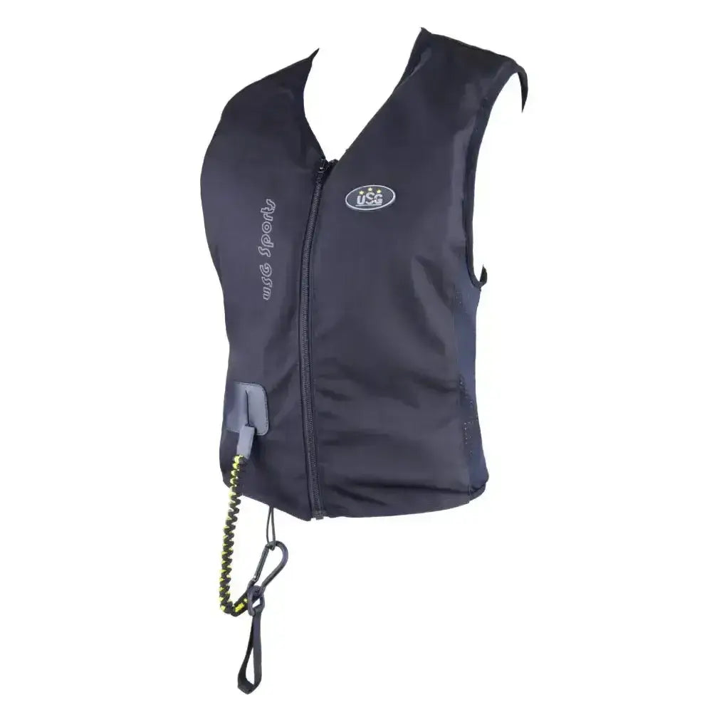 Black usg equiairbag aixplorer air vest with front zipper gray pull tab and yellow-green coiled cord attached