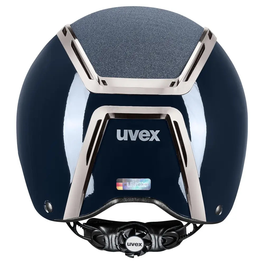 Navy blue uvex exxeed blaze riding hat with silver metallic accents and textured gray top panel extremely impact resistant