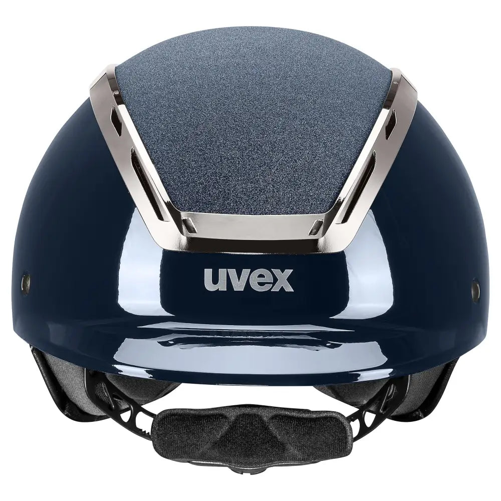 Navy blue uvex exxeed blaze riding hat with textured gray top panel silver trim and extremely impact resistant design