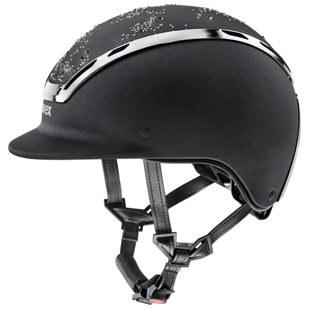 Black uvex exxeed diamond riding hat with sleek matte finish and silver metallic trim for equestrian use
