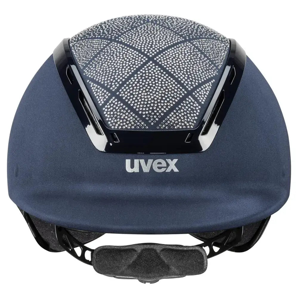 Navy blue uvex exxeed flash riding hat with swarovski crystals front panel and black vegan leather trim