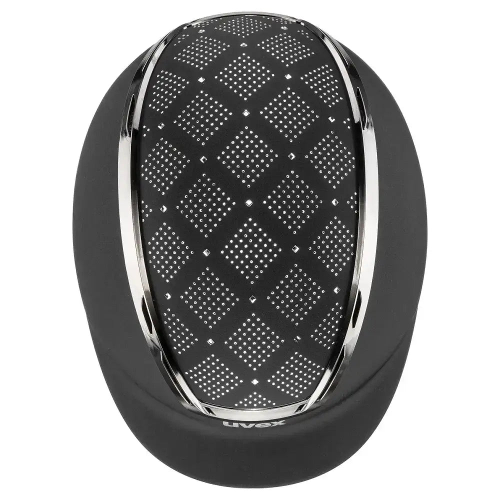 Black uvex exxeed jewel riding hat with diamond-patterned perforated front panel and vegan leather straps