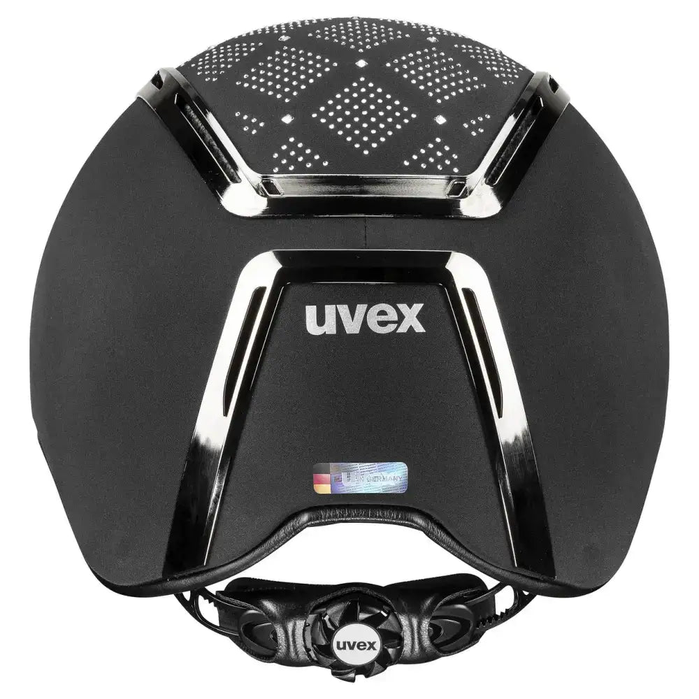 Black uvex exxeed jewel riding hat with perforated top panel chrome accents and vegan leather straps