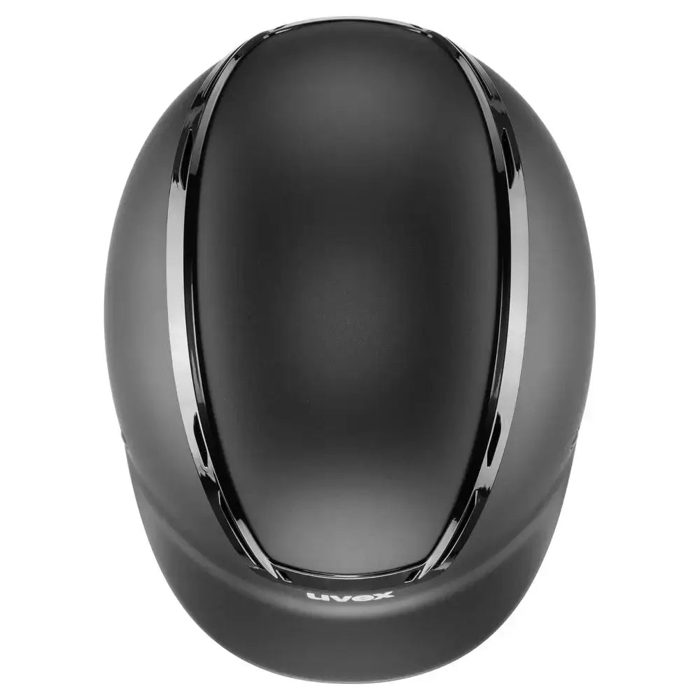 Black matte uvex exxeed mips riding helmet with sleek chrome stripes and height-adjustable mips safety features