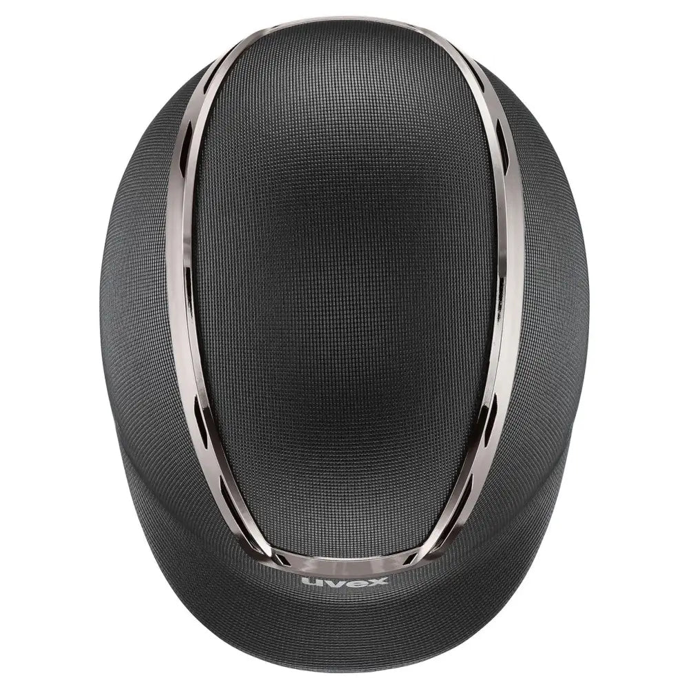 Black uvex exxeed pro riding hat with textured fabric, sleek silver metallic trim, chrome frame, and vegan leather straps